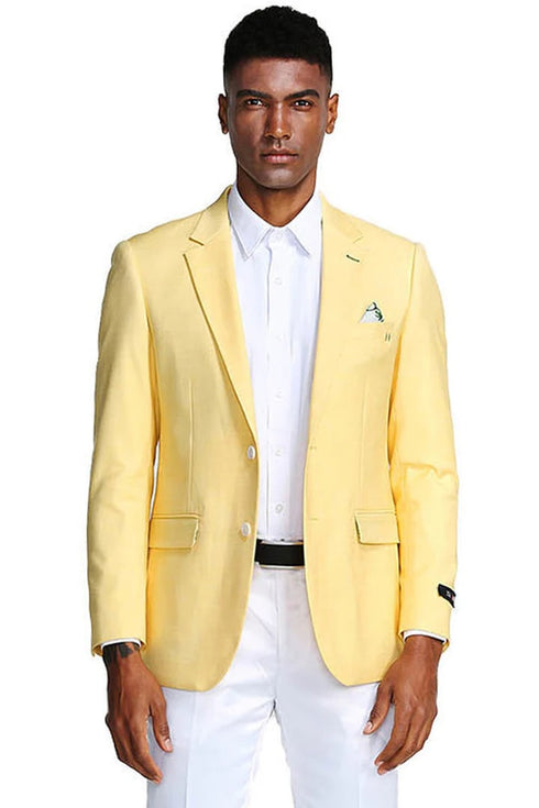 Mens Two Button Slim Fit Linen Style Lemon Yellow Summer Blazer