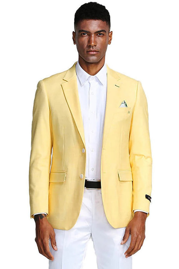 Mens Two Button Slim Fit Linen Style Lemon Yellow Summer Blazer