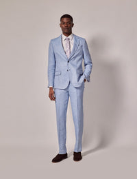 Mens Linen Suit For Beach Wedding - Summer  Suit in Light Blue Herringbone