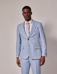 Mens Linen Suit For Beach Wedding - Summer  Suit in Light Blue Herringbone