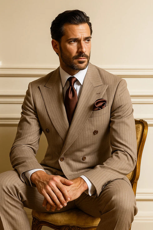 Suits With Baggy Pleated Pants - Wide Leg Pants 100% Wool - Classic Fit in Light Brown with Brown Pinstripe Color by Rossiman