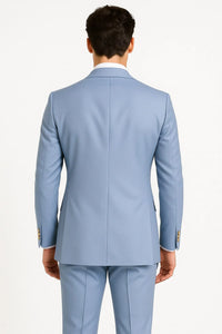 Mens Light Blue Double-Breasted Suits with Gold Button – Slim Fit 2-Piece Formal Set in Sky Blue Color