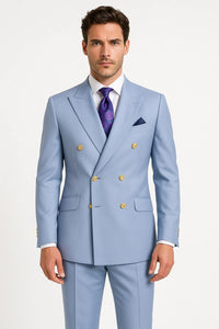 Mens Light Blue Double-Breasted Suits with Gold Button – Slim Fit 2-Piece Formal Set in Sky Blue Color