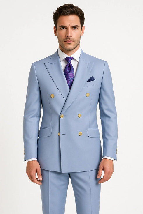 Mens Light Blue Double-Breasted Suits with Gold Button – Slim Fit 2-Piece Formal Set in Sky Blue Color