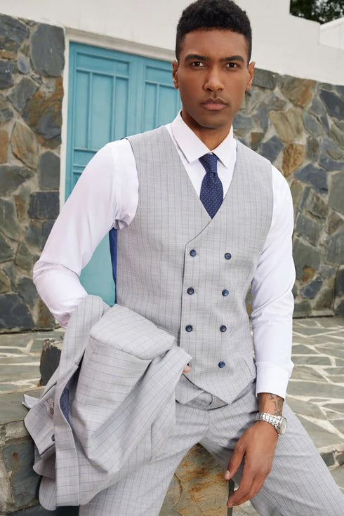 Light Grey Suit - Silver Gray Suit For Wedding - Men's Stacy Adams Vested One Button Peak Lapel Light Grey Pinstripe Suit