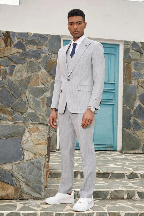 Light Grey Suit - Silver Gray Suit For Wedding - Men's Stacy Adams Vested One Button Peak Lapel Light Grey Pinstripe Suit