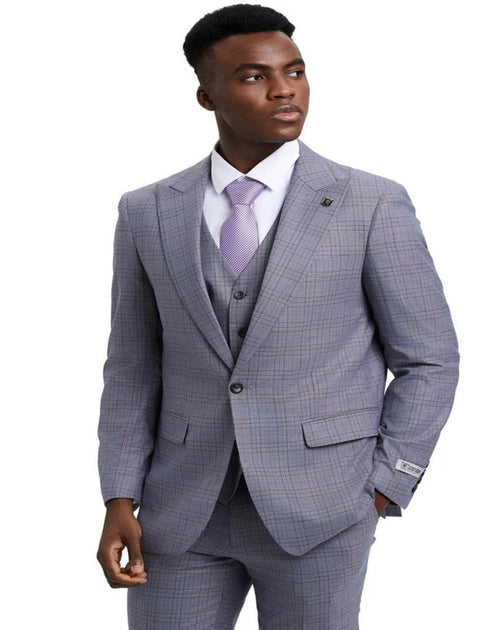 Light Grey Suit - Silver Gray Suit For Wedding - Men's Stacy Adams Vested One Button Wide Peak Lapel Windowpane Light Grey Plaid Suit