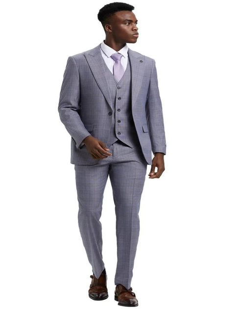 Light Grey Suit - Silver Gray Suit For Wedding - Men's Stacy Adams Vested One Button Wide Peak Lapel Windowpane Light Grey Plaid Suit