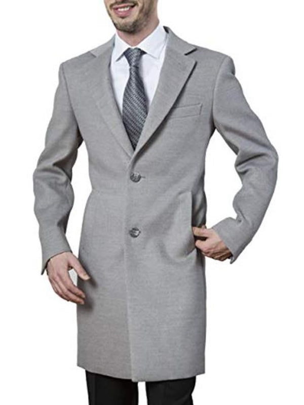 Mens Polyester ~ Viscose ~ Spandex Light Grey Modern Fit Long men's Dress Topcoat - Winter coat