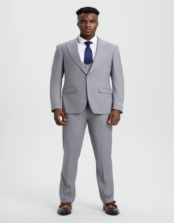 Light Grey Suit - Silver Gray Suit For Wedding - Men's Vested One Button Peak Lapel Stacy Adams Light Grey Designer Suit