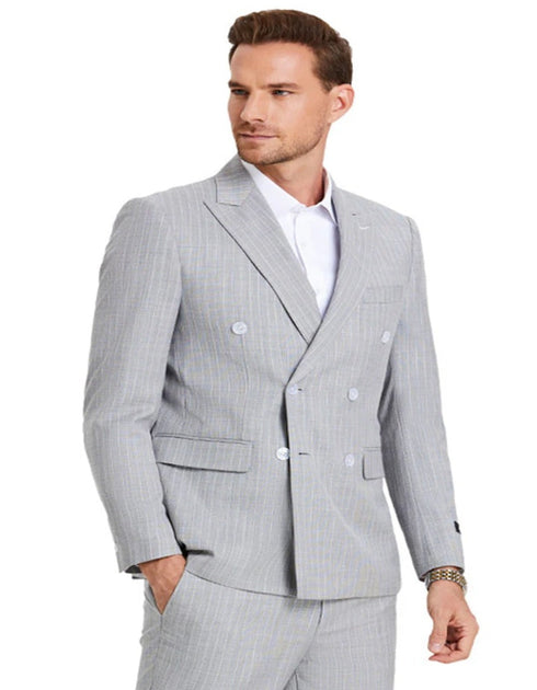 Light Grey Suit - Silver Gray Suit For Wedding - Men's Slim Fit Double Breasted Summer Pastel Light Grey Pinstripe Suit