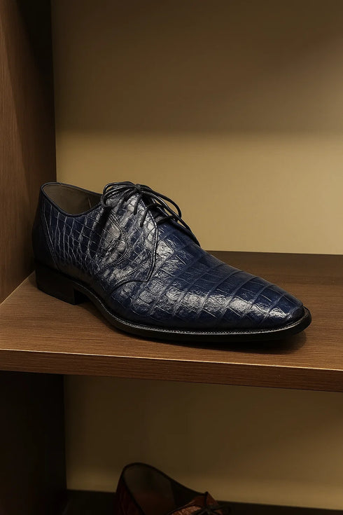 Los Altos Navy All-Over Crocodile Lace Up Dress Shoes