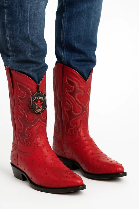 Los Altos Red Ostrich Quill J-Toe Cowboy Boots