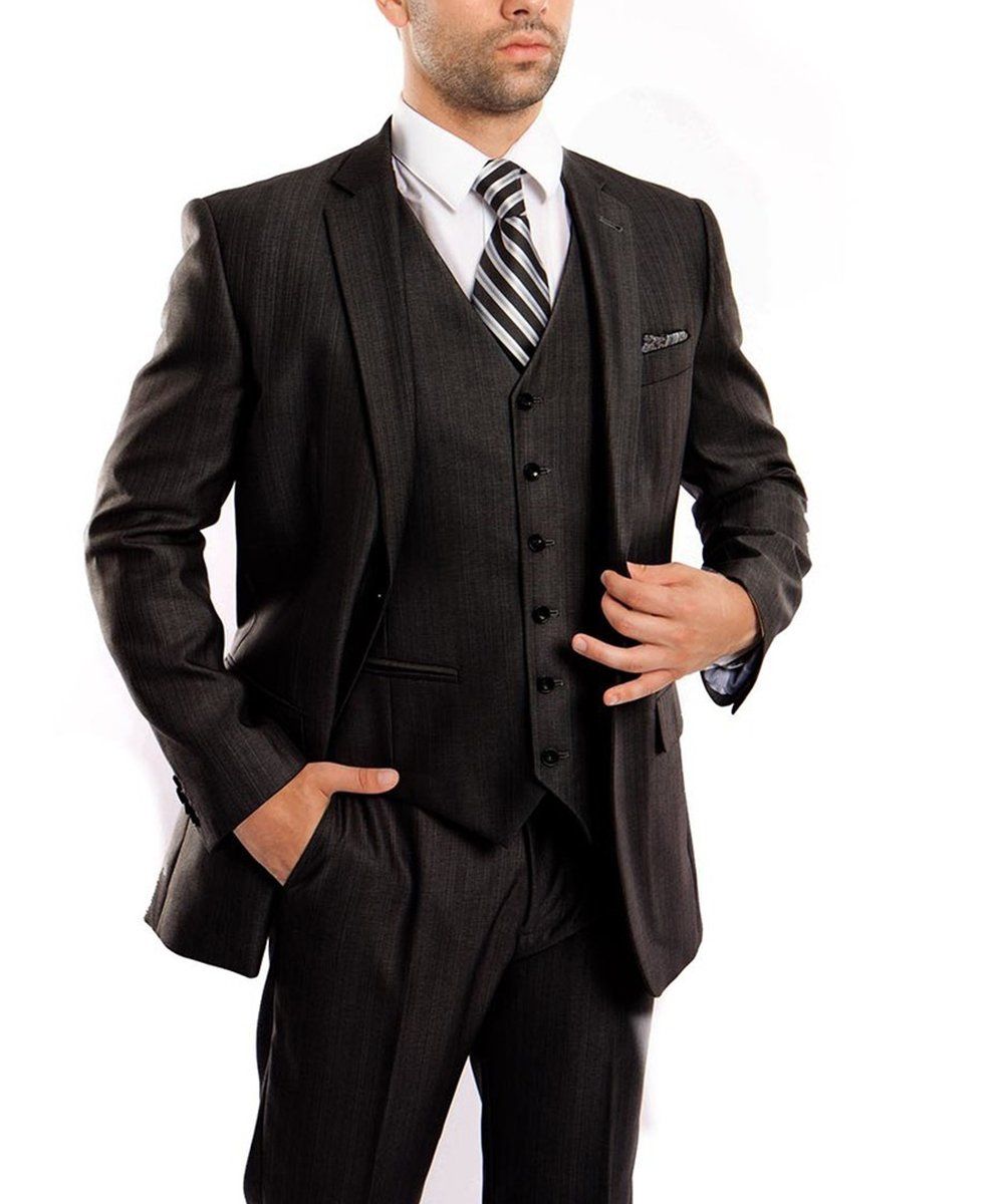Classic Solid Textured Black Suit with Vest – OvercoatUSA