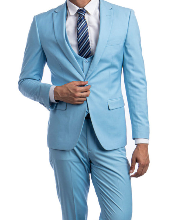 (38R, 40R, 44R, 44L, 46R)  Slim Fit 3 Piece Sky Blue Suit