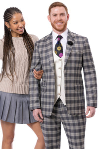 Men's One Button Notch Lapel Glenplaid Suit in Charcoal Grey with a White Vest