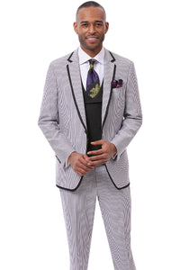 Men's One Button Vested Fashion Seersucker Suit with Double Breasted Vest in Black