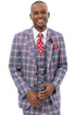 Men's Two Button Vested Suit in Grey & Red Windowpane Plaid