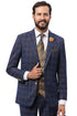 Men's Modern Fit Double Windowpane Plaid Suit with Paisley Vest in Navy Blue