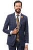 Men's Modern Fit Double Windowpane Plaid Suit with Paisley Vest in Navy Blue