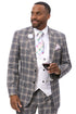 Men's Two Button Windowpane Plaid Suit in Grey with Double Breasted White Paisley Vest