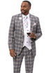 Men's Two Button Windowpane Plaid Suit in Grey with Double Breasted White Paisley Vest
