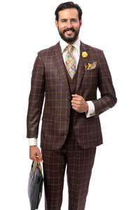 Men's Moder Fit Vested Suit in Dark Brown Windowpane Plaid