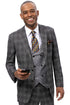 Men's Modern Fit Windowpane Plaid Suit with Paisley Double Breasted Vest in Charcoal Grey