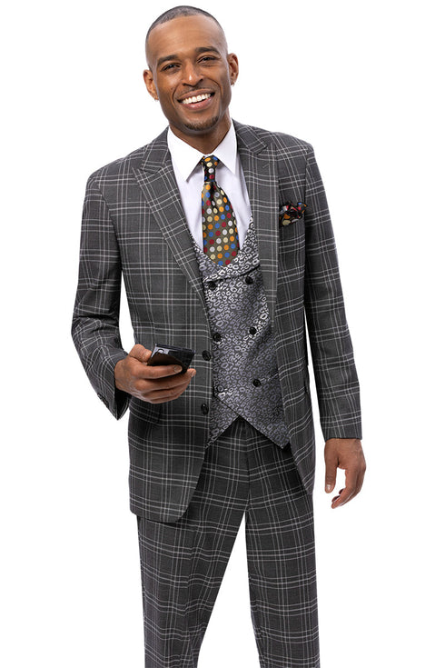 Men's Modern Fit Windowpane Plaid Suit with Paisley Double Breasted Vest in Charcoal Grey