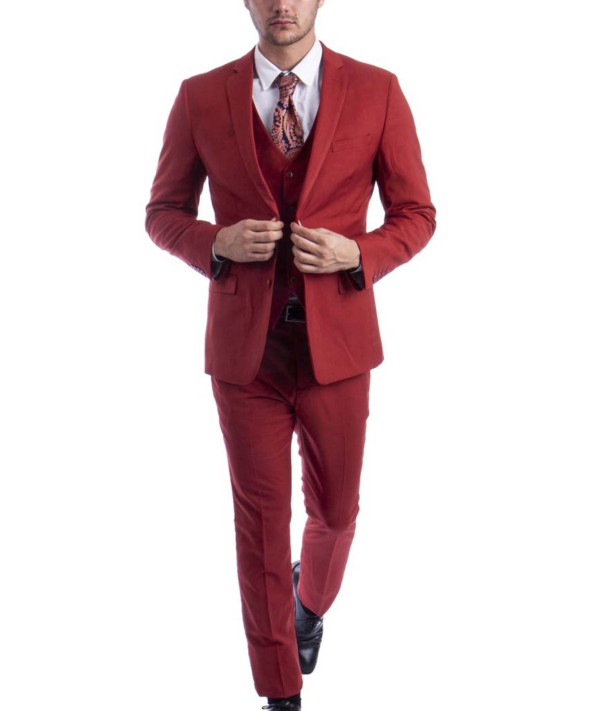 3 piece Brick Red Slim Fit Men's Suit with Vest Set – OvercoatUSA