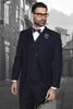Men's Designer Classic Fit Pleated Pant Wool Suit with Double Breasted Vest in Navy Blue