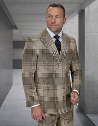 Statement Confidence Super 200's Italian Wool Plaid Double Breasted Suit in Brown