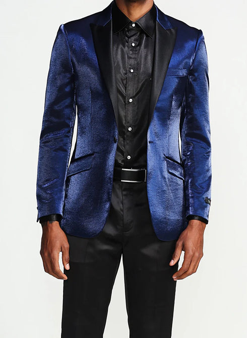 Slim Fit Shine Blazer 1 Button with Satin Peak Lapel in Navy