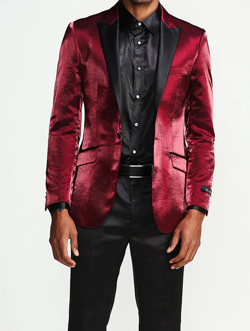 Slim Fit Shine Blazer 1 Button with Satin Peak Lapel in Burgundy