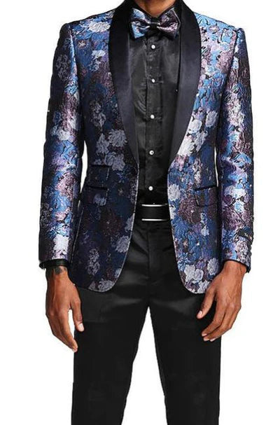 Slim Fit Floral Pattern Blazer Satin Shawl Collar in Blue with Bow Tie