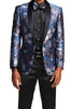 Slim Fit Floral Pattern Blazer Satin Shawl Collar in Blue with Bow Tie