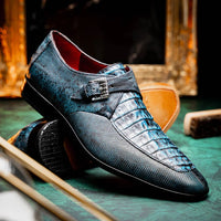 Marco Di Milano Toluca Blue / Black Jean Monk Strap Lizard & Crocodile Shoes