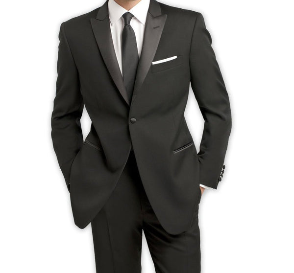 Slim Fit Black 2 Piece Tuxedo with Black Satin Peak Lapel