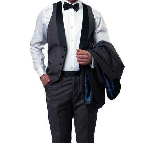 Gray Slim Fit Tuxedo 3 Piece with Satin Shawl Collar Vest