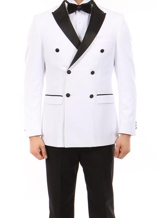 Double Breasted Slim Fit Tuxedo White with Black Satin Peak Lapel