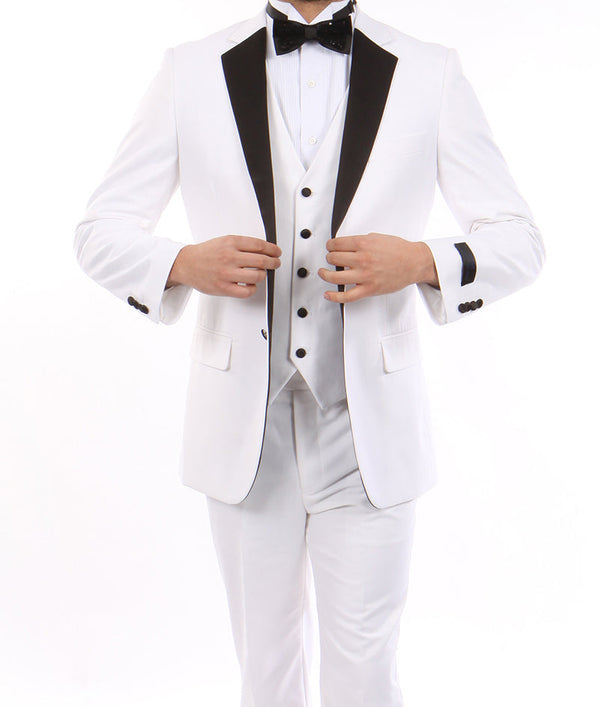 White Modern Fit Tuxedo 3 Piece with Black Lapel 6 Button Vest