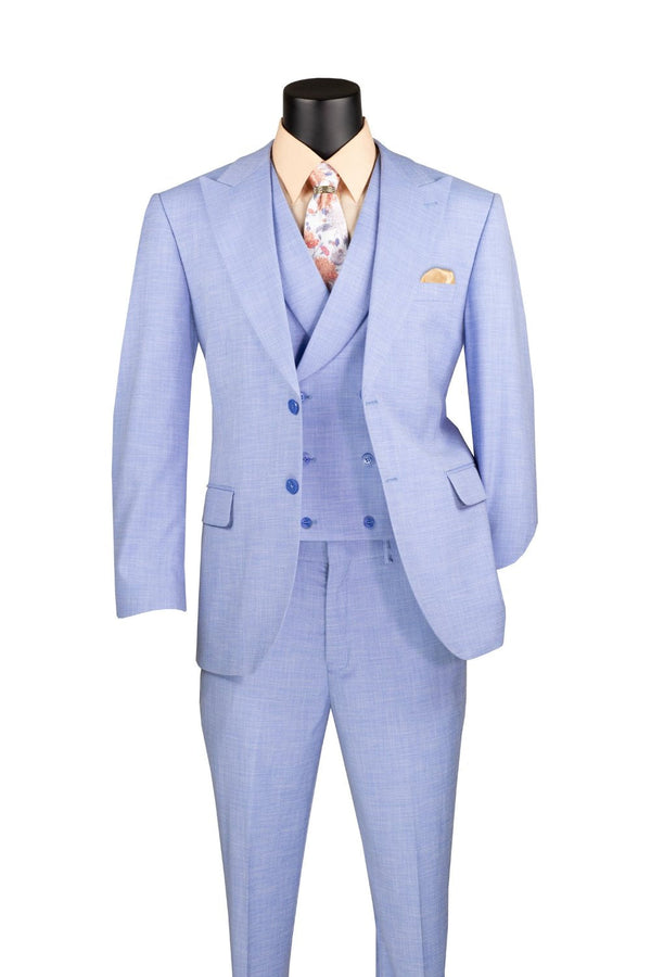 Light Blue Modern Fit 3 Piece Suit with Vest and Adjustable Waist Band Pants