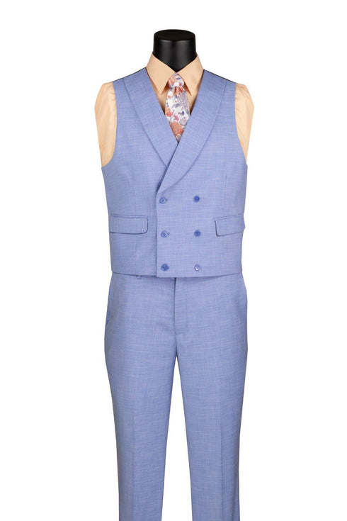 Light Blue Modern Fit 3 Piece Suit with Vest and Adjustable Waist Band Pants