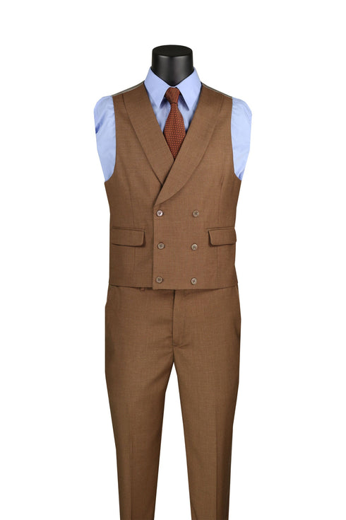 Light Brown Modern Fit 3 Piece Suit with Vest and Adjustable Waist Band Pants