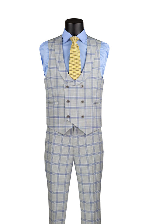 Modern Fit Windowpane Suit 3 Piece with U-Neck Vest in Light Gray