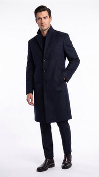 Men’s Navy Blue Bravo Top Overcoat, 4 Button Wool Blend Formal Winter Dress Coat