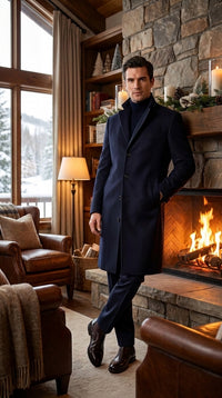 Men’s Navy Blue Bravo Top Overcoat, 4 Button Wool Blend Formal Winter Dress Coat