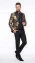 Men’s Black and Gold Floral Jacquard 3 Piece Suit, Modern Fit Tuxedo with Matching Bow Tie for Weddings and Prom