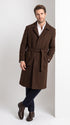 Men’s Dark Brown 100% Wool Gabardine Duster Overcoat, Classic Belted Long Winter Dress Coat
