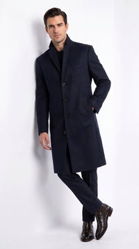Men’s Navy Blue Bravo Top Overcoat, 4 Button Wool Blend Formal Winter Dress Coat
